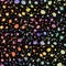 Bright seamless pattern with multicolor textured watercolor dots, on black background
