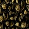 Bright seamless pattern with oil painted gold tulip flowers end golden notes on black background.