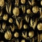 Bright seamless pattern with oil painted gold tulip flowers end golden notes on black background.