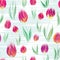 Bright seamless pattern with oil painted rose tulip flowers