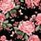 Bright seamless pattern with peony flowers and raspberries .