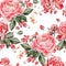 Bright seamless pattern with peony flowers and raspberries .