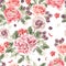 Bright seamless pattern with peony flowers , roses and blackberries .