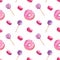 Bright seamless pattern with pink donuts, purple lollipops and macarons