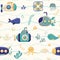 Bright seamless pattern with submarines and marine inhabitants. Designed for printing, fabrics, textiles, postcards.