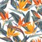 ,Bright seamless pattern with tropical flowers and leaves of Strelitzia Reginae.