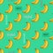 Bright seamless pattern of tropical fruits bananas, lettering and words of white and green colors, green background