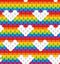 Bright seamless pattern with white hearts in rainbow baclground. LGBT pride symbols.