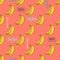 Bright seamless pattern of yellow bananas, black and white lettering, coral background