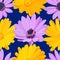 Bright seamless pattern of yellow buttercups and lilac daisies on dark blue background