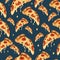 Bright seamless pepperoni pizza pattern. On dark background. No Diet Day. Trendy graphic fast food illustration. For