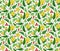 Bright seamless summer pattern, simple beautiful floral print. Yellow with orange flowers, green leaves, white background