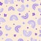 Bright seamless summer rainbow flower pattern. Delicate purple lavender beige pastel colors. Vector illustration in