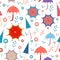 Bright seamless with umbrellas, flowers and spring rain, showers with living coral colours. april showers