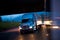 Bright semi truck in raining night lights on highway