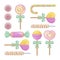 A bright set consisting of colorful candies and lollipops. Candy dragees. Juicy lollipops on a stick of different shapes