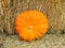 Bright and showy isolated decorative pumpkin on  bale of hay background close up.