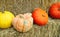 Bright and showy isolated decorative pumpkins on  bale of hay background close up.