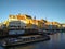 Bright small houses and ships in the Nyhavn harbour. Copenhagen, Denmark.