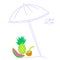 Bright solar card umbrella, pineapple, watermelon slice, coconut