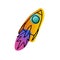 Bright space doodle sticker. Gradient color Rocket