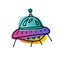 Bright space doodle sticker. Hand-drawn Flying saucer