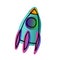 Bright space doodle sticker. Rocket Vector illustration