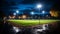 Bright spotlight illuminates empty soccer field on a summer night generated by AI