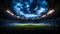 Bright spotlight illuminates large soccer field, captivating enthusiastic crowd generated by AI