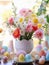 Bright Spring Flowers in Vase with Easter Eggs, Festive Table Decoration