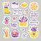 Bright spring stickers with flowers, rabbit and inscriptions. Happy Easter. Vector illustration