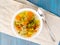 Bright spring vegetable dietary vegetarian soup, linen napkin, t