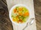 Bright spring vegetable dietary vegetarian soup, linen napkin, t