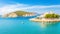 Bright spring view of the Cameo Island. Picturesque morning scene on the Port Sostis, Zakinthos island, Greece, Europe.