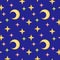 Bright square children\\\'s pattern, yellow moon with multicolored stars on a dark blue background, seamless pattern