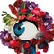 Bright and succulent bouquet of flowers and vivid illustration of decorative eye