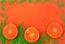 Bright summer banner with tangerines and green grass.