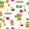 Bright summer hawaiian seamless pattern. Exotic, holiday elements, vacantion objects. Editable fabric, trendy. Tiki mask and torch