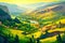 Bright summer landscape with village on valley, nature, forests