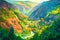 Bright summer landscape with village on valley, nature, forests