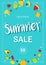 Bright summer sale poster with pieces of ripe fruit, blue background.