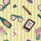 Bright summer seamless doodle pattern with picnic set. Yellow stripped background. Decorative print