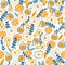 Bright summer seamless pattern with fruits - figs and apples, oranges and pears in cartoon style