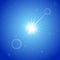 Bright sun with lens flare in the clear blue sky. Vector