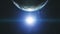 Bright sun at rotating Earth with blue halo and white clouds. Solar system planet orbit at sunlight