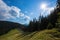 Bright sun. Sky. Waterfall. Carpathians. The mountains. The sun.