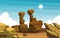 Bright Sun Western American Rock Cliff Vast Desert Landscape Illustration