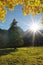 Bright sunburst, autumnal landscape karwendel, austria