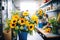 bright sunflowers being sorted by a florist in a shop