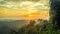 Bright sunlight and hilly forest